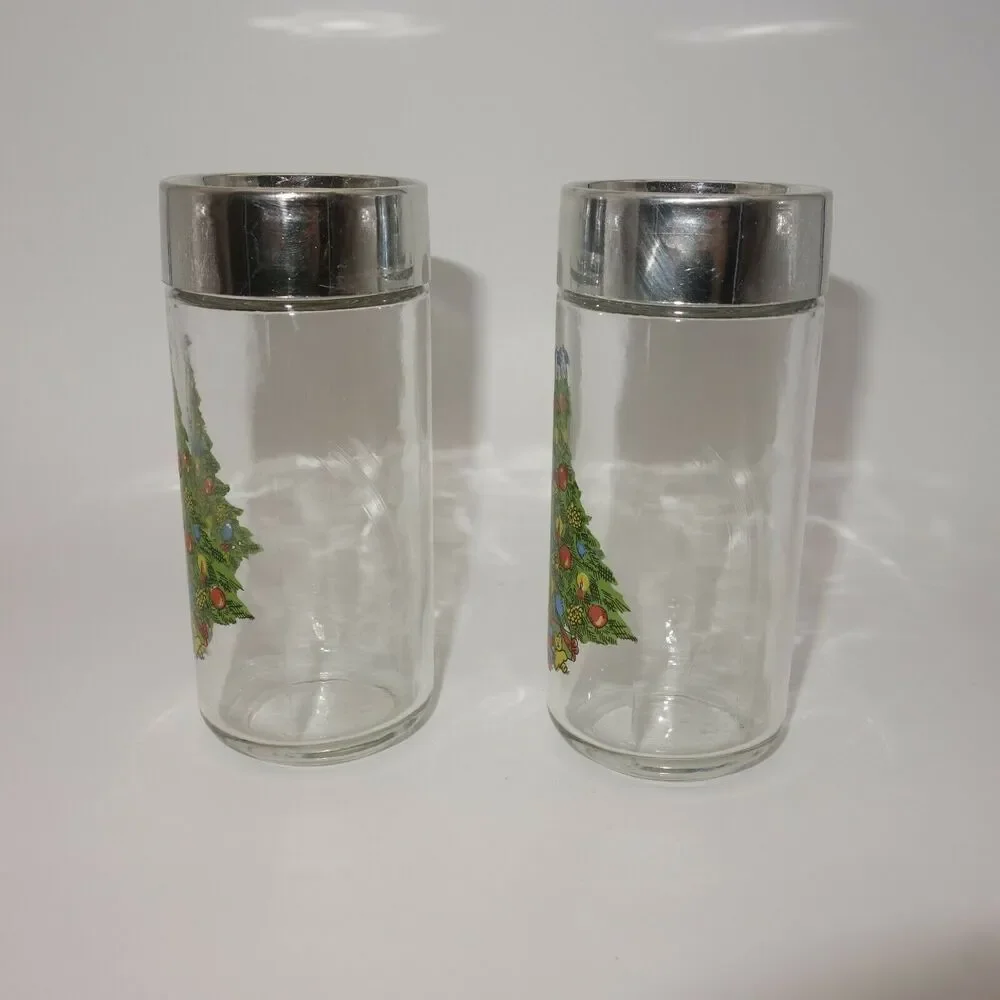 Vintage Salt and Pepper Shakers Holiday Clear Glass with Christmas Tree - Picture 2 of 7